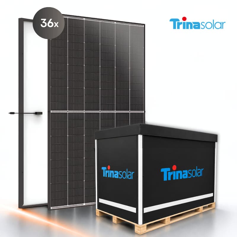 Illustration d’une palette de 36 panneaux Trina Solar, avec emballage et module présenté de face.