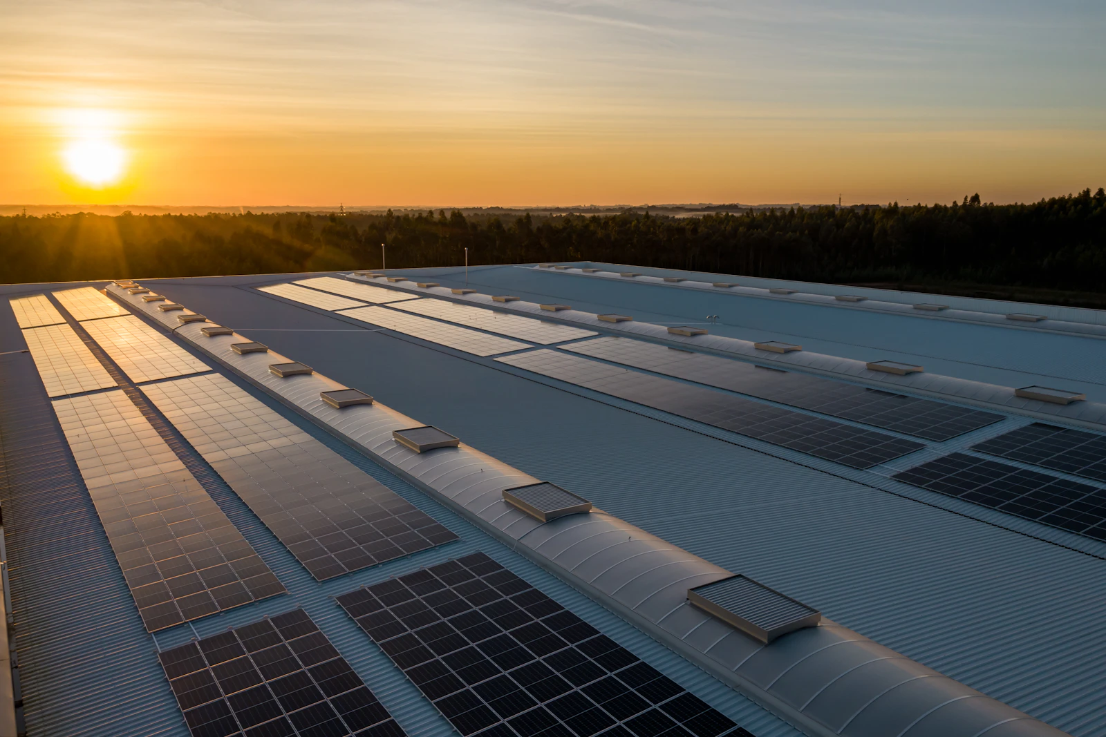 Panneaux photovoltaïques sur le toit d’un bâtiment au coucher du soleil.